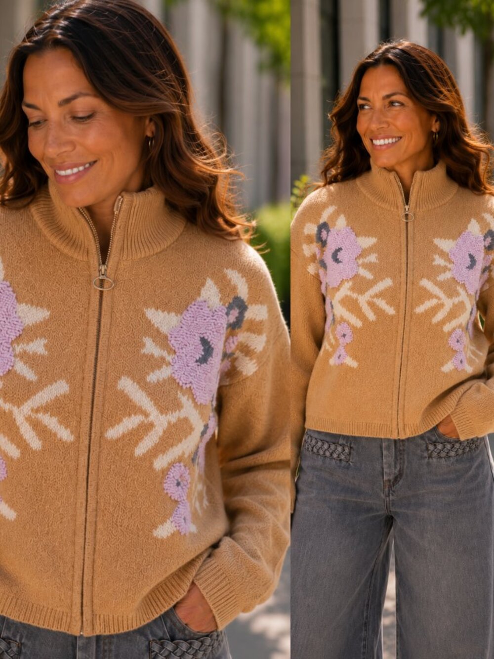 Cameron Floral Zip Up Sweater Cardigan | Women's Winter Taupe Top